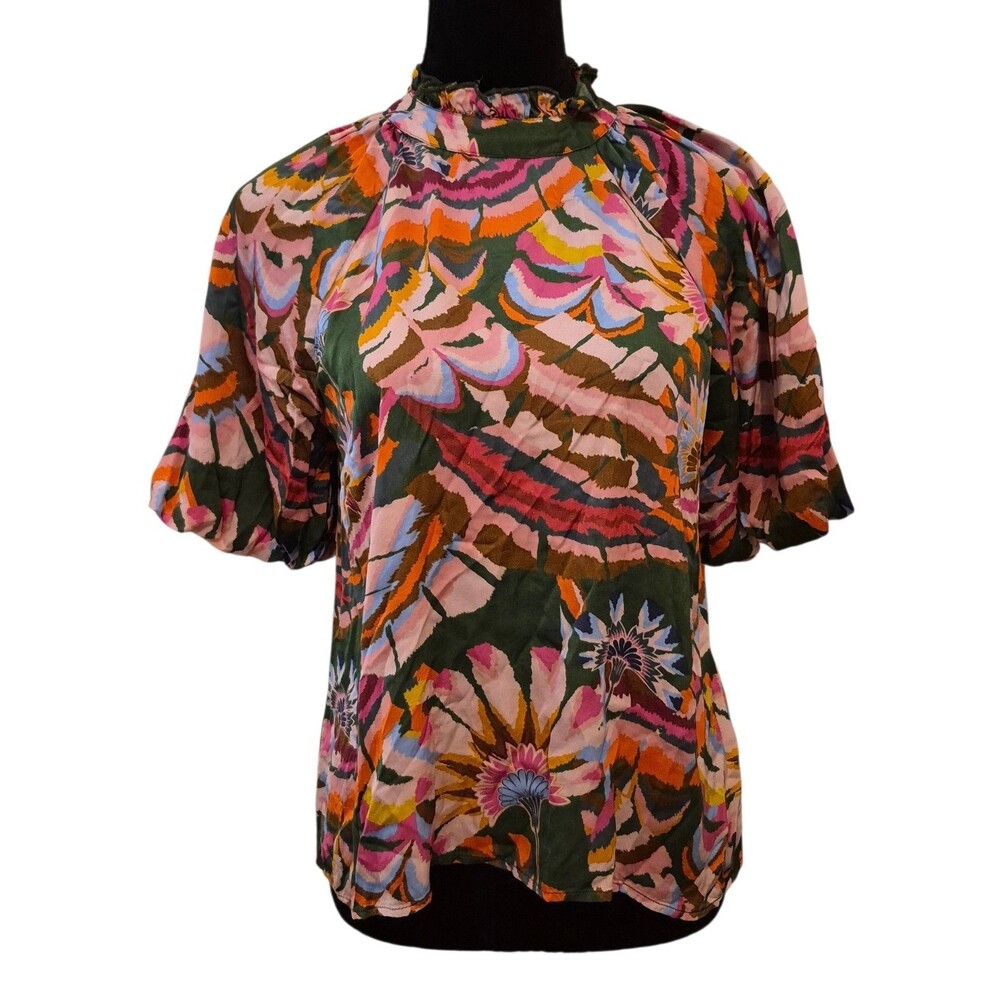 THML M Boho Geometric Print Ruffled Tunic Top Boho Flowy Balloon Sleeve